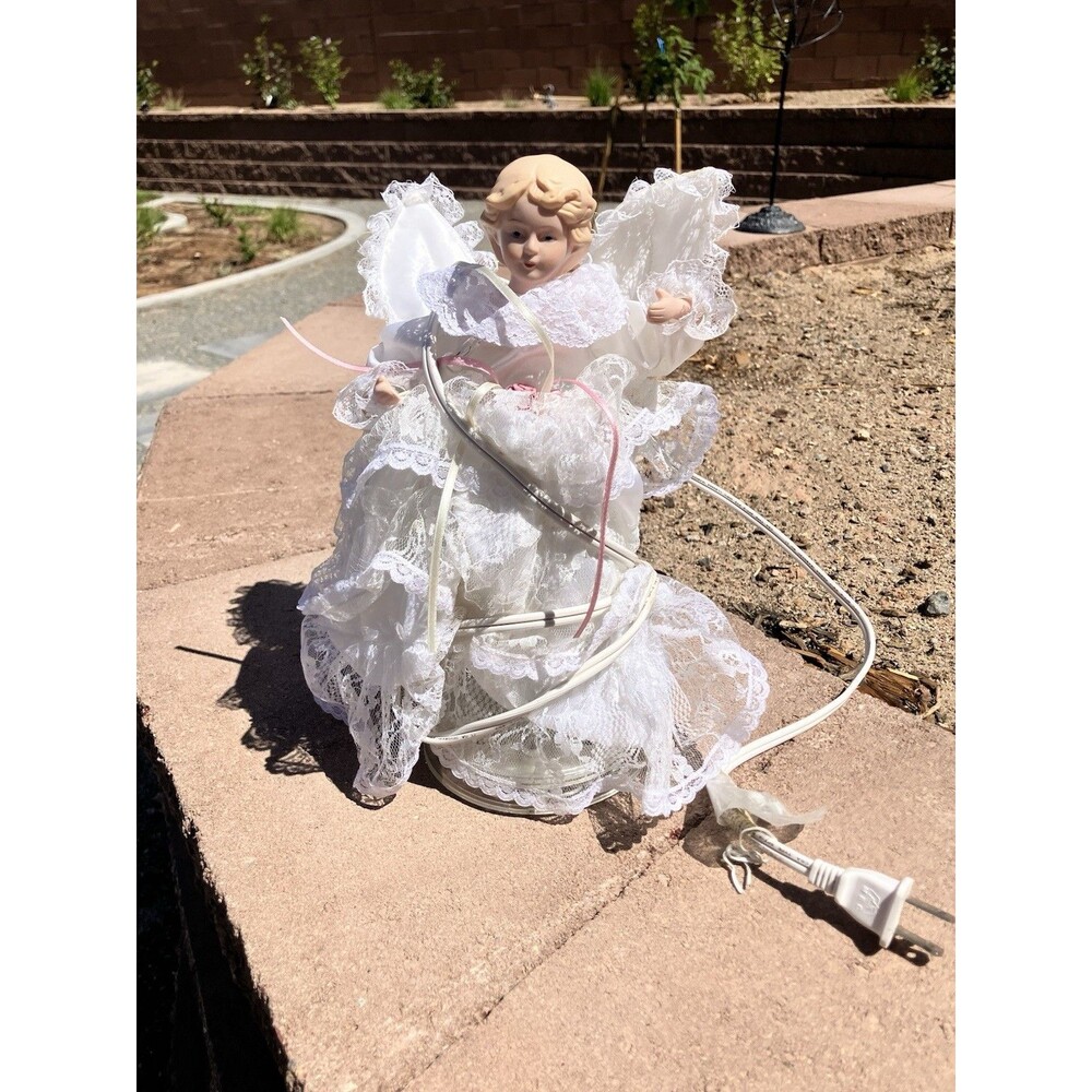 VTG Animated 11” White Angel Christmas Tree Topper Moves & Lights Up
